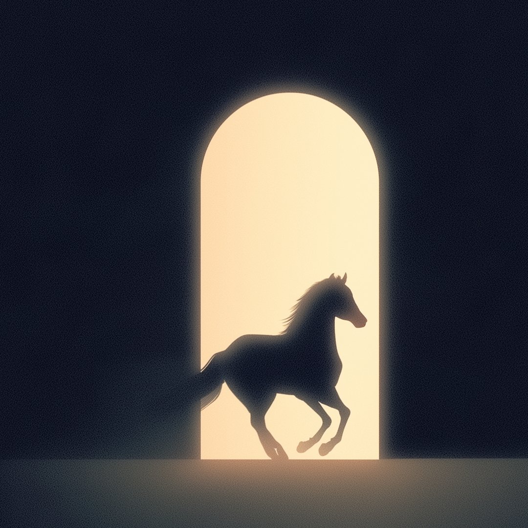 A horse galloping into a glowing arched doorway on deep navy