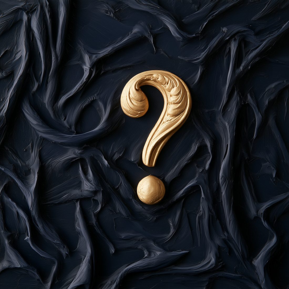 A golden question mark on dark navy paint