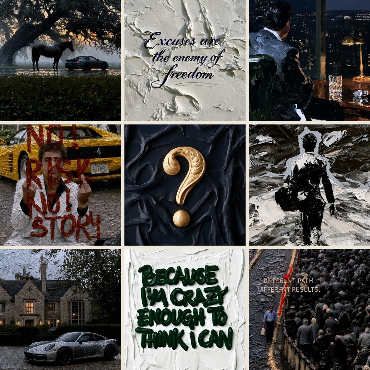 The eight shown designs of Old Money Estate around a golden question mark